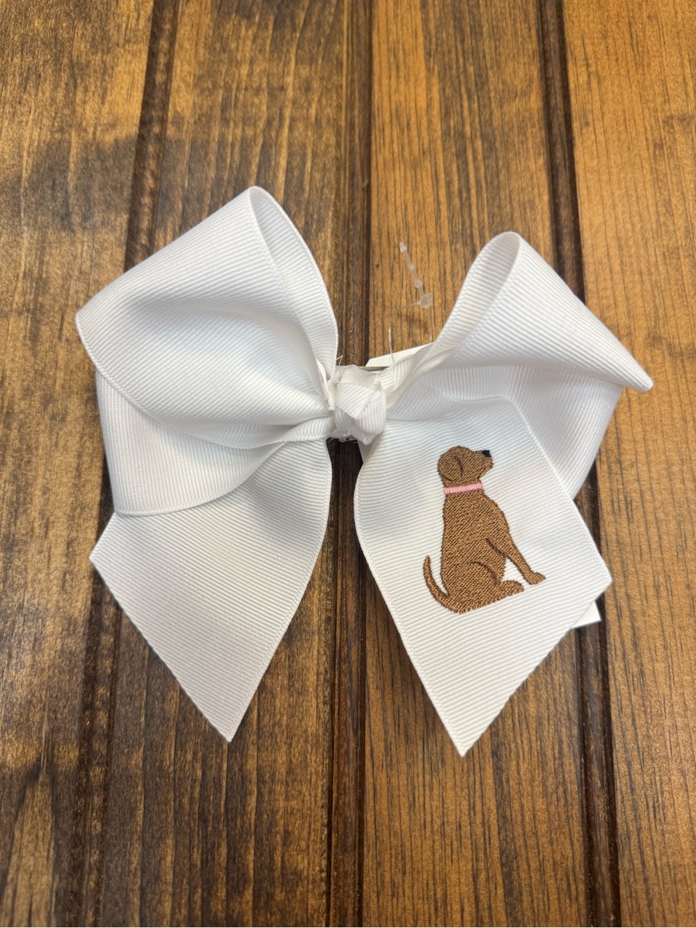 White Pet Bow with Embroidered Brown Dog Detail
